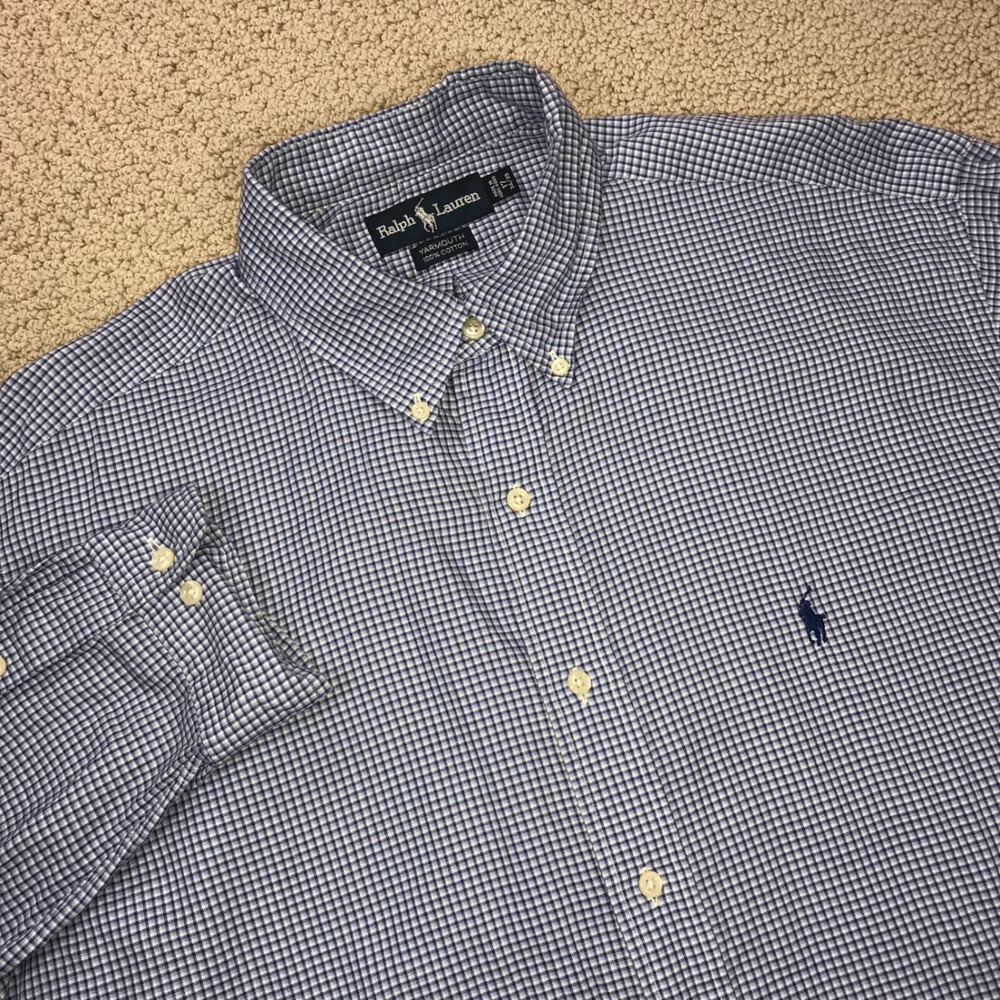 Ralph Lauren Yarmouth Shirt Mens 17 34/35 Blue Gingham Check Cotton Button Down